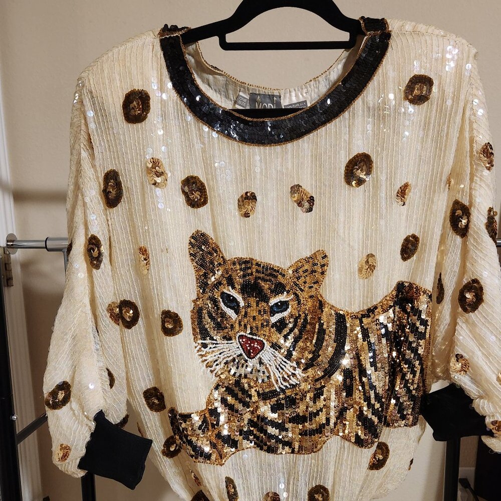 Modi Vintage Tiger Sequin & Beaded Blouse